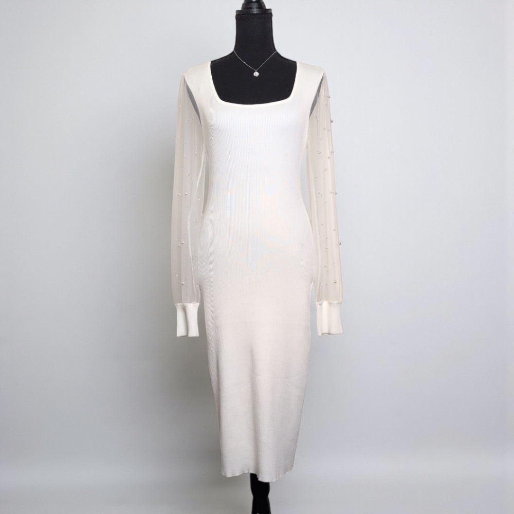 Dylan Ryan NY Pearl-sleeve Square Neck Midi Dress Bright White NWT XL